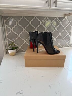 Christian Louboutin Black Mesh Peep-Toe Stiletto Booties with Red Sole